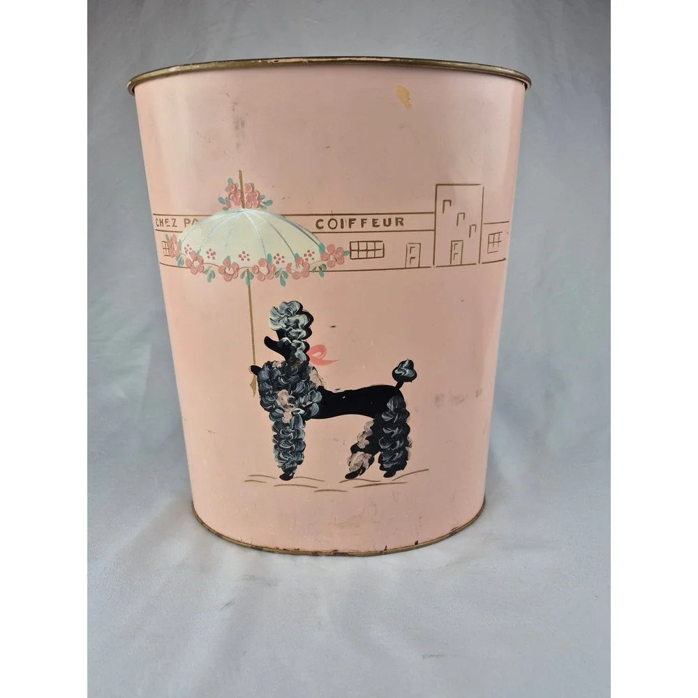 Ransburg 1950s Pink French Poodle Metal Wastebasket Paris Coiffeur MCM Trash Can